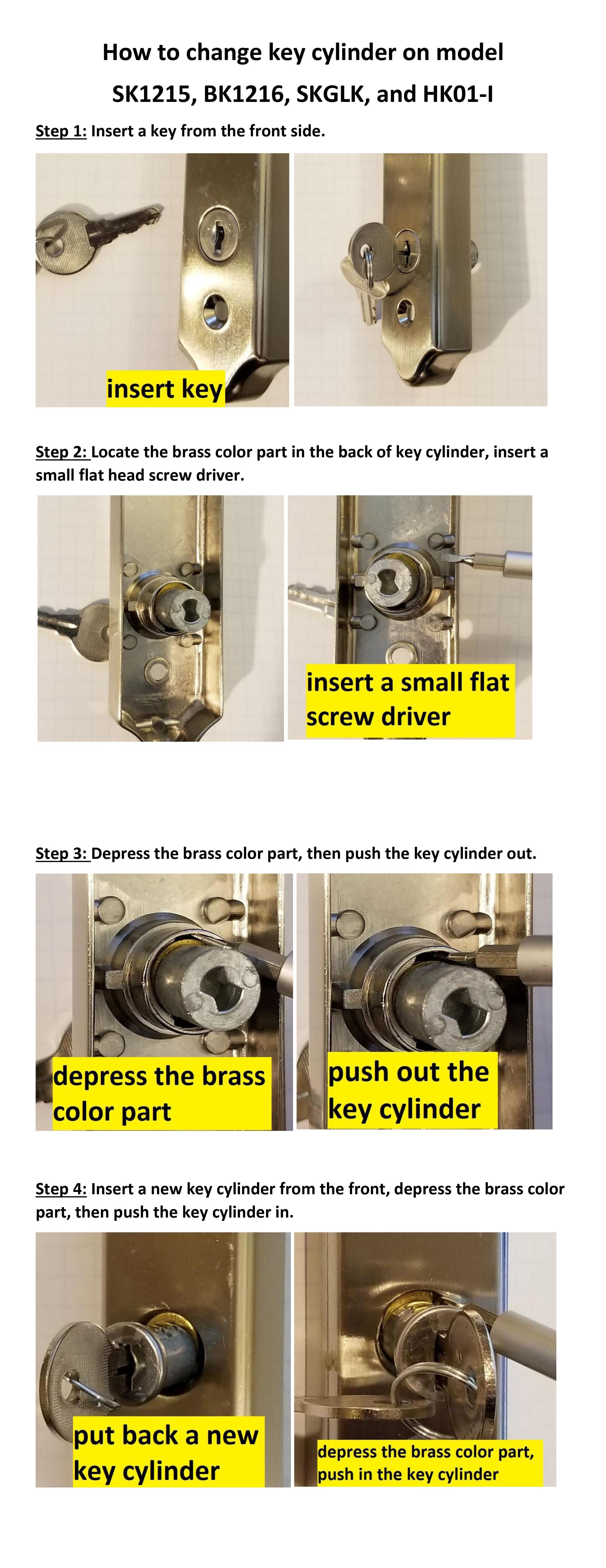 How to change the key cylinder on the SK1215, BK1216, SKGLK, and HK01I